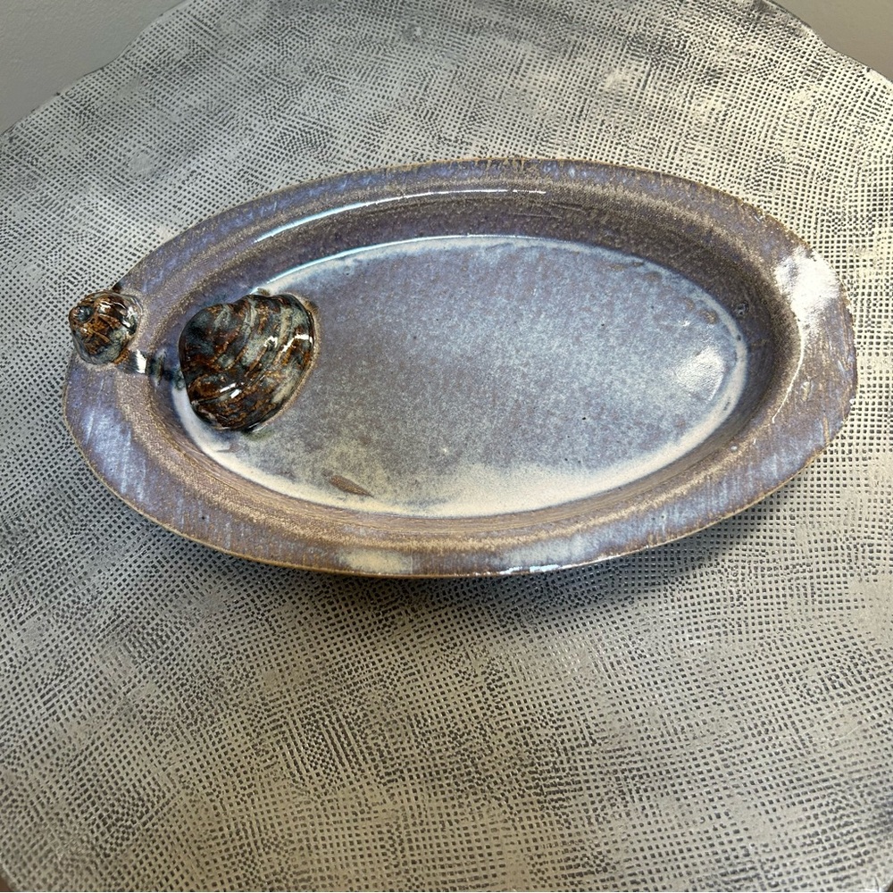 Studio Pottery ~ Decorative Handmade Oval Pottery Tray with Shell and Barnacle